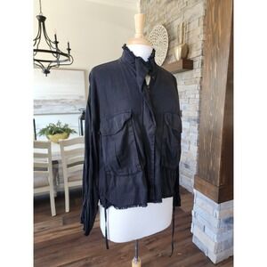 Dear John Womens S Jacket Zip Up Frayed Hem‎ Unstructured Soft Black Mock Neck